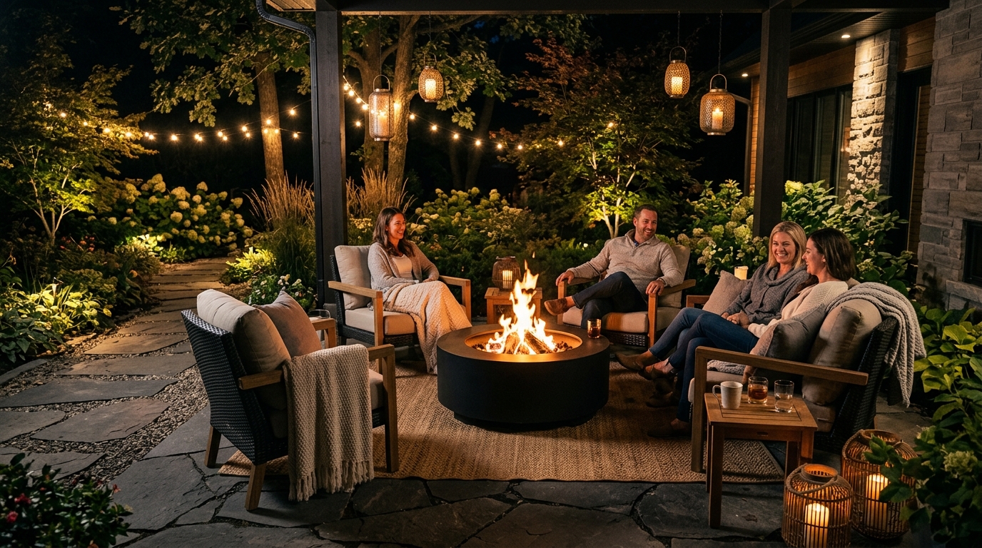Вечерняя костровая зона на патио с удобными креслами и декоративными фонарями