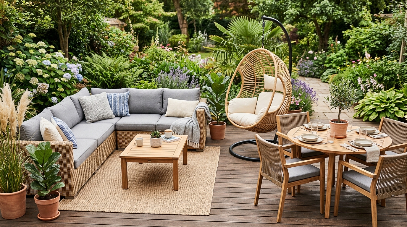 Зона отдыха на патио: модульный диван из ротанга, подвесное кресло, обеденная группа