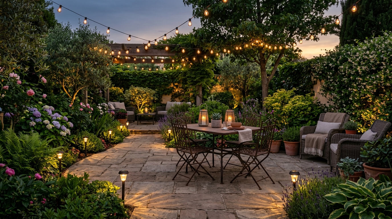 Вечернее патио с гирляндами, садовыми фонарями и встроенной подсветкой
