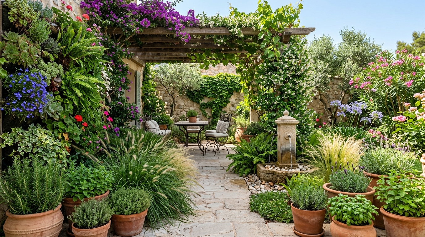 Средиземноморский сад на патио: вьющиеся растения, горшки с травами, декоративный фонтан