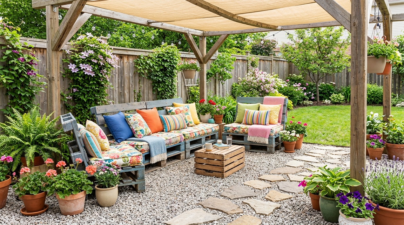 Бюджетный вариант патио из гравия, мебели из поддонов и тканевого навеса
