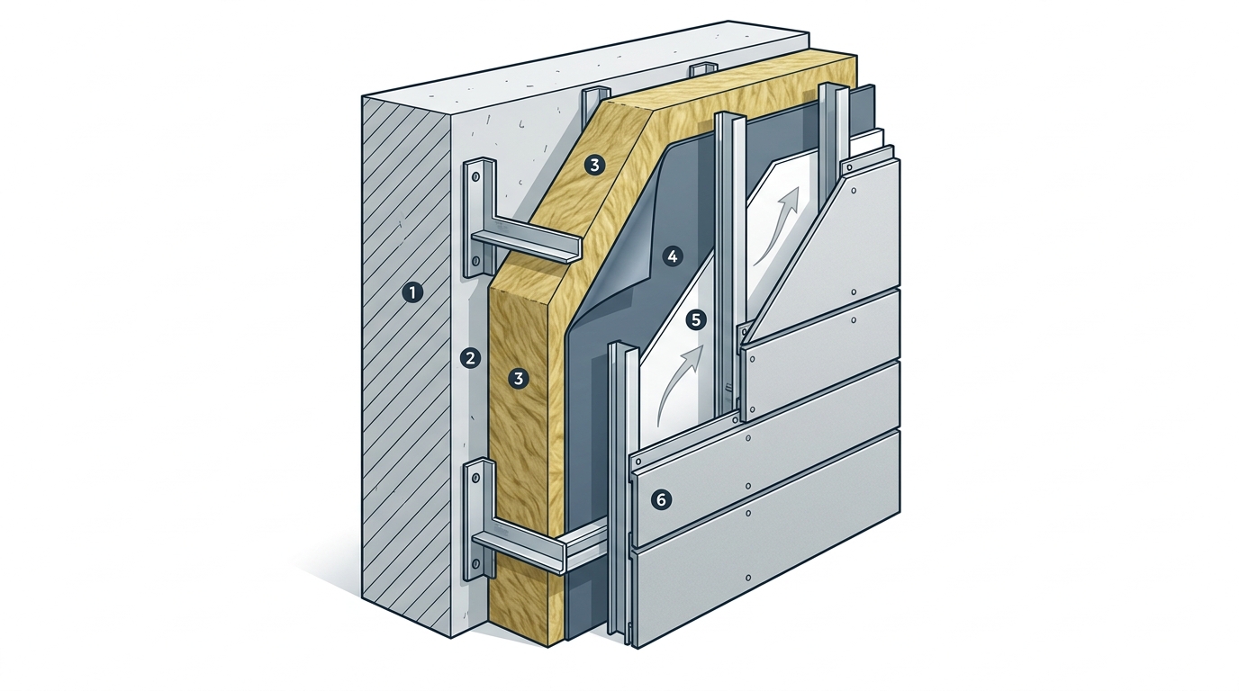Схема устройства навесного вентилируемого фасада с фиброцементными панелями