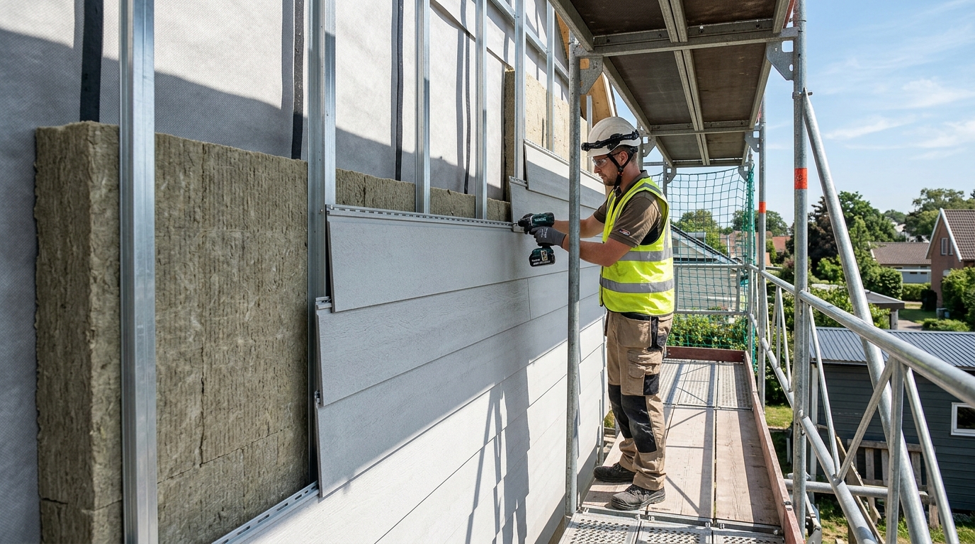 Монтаж фиброцементных панелей на фасад: рабочий устанавливает панель на подсистему