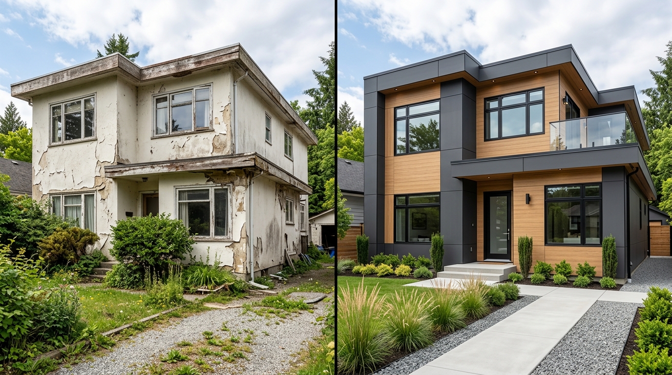 Фасад дома до и после отделки фиброцементными панелями