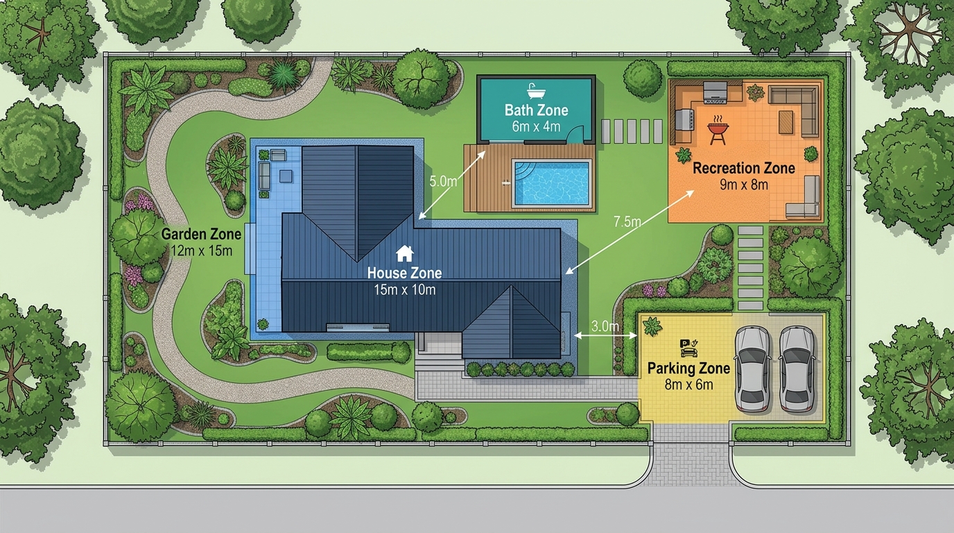 Схема зонирования участка с домом и баней