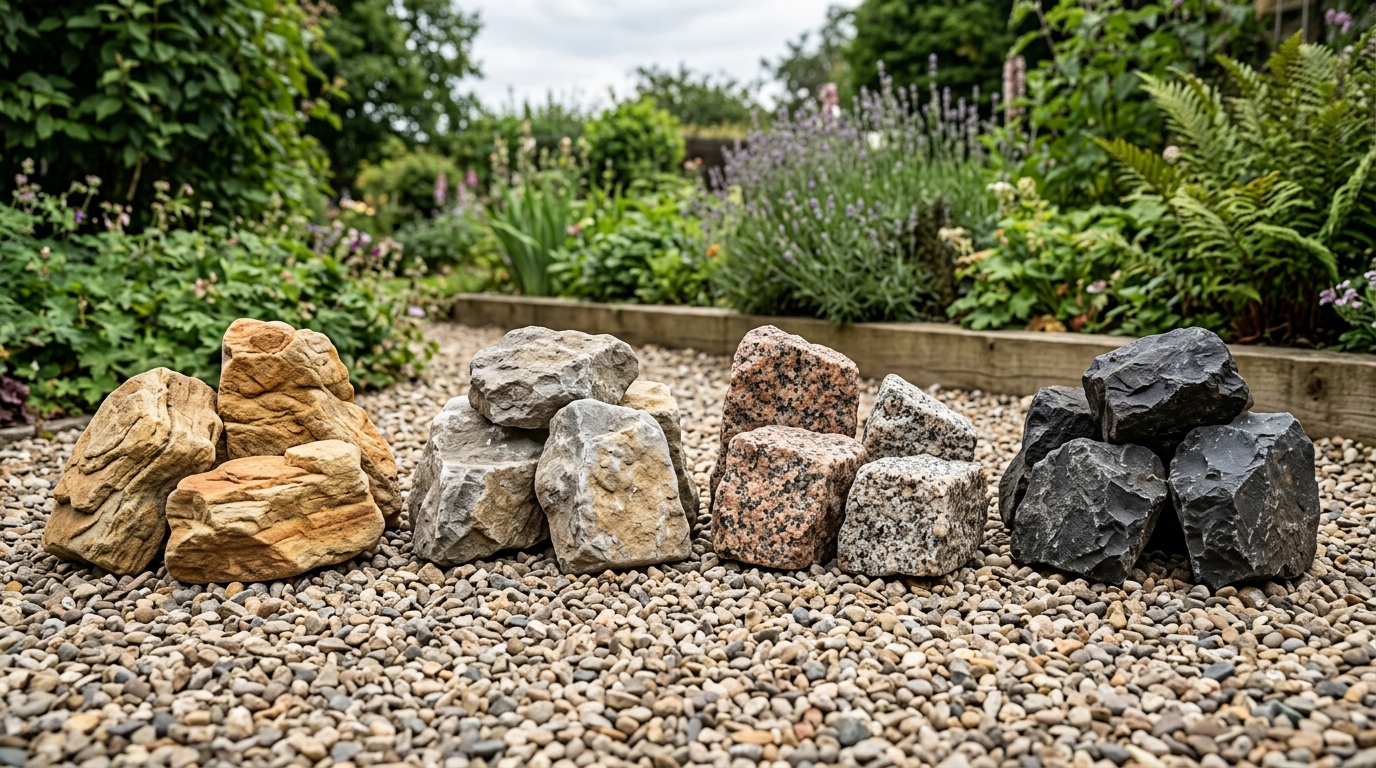Разновидности камней для рокария: песчаник, известняк, гранит, базальт