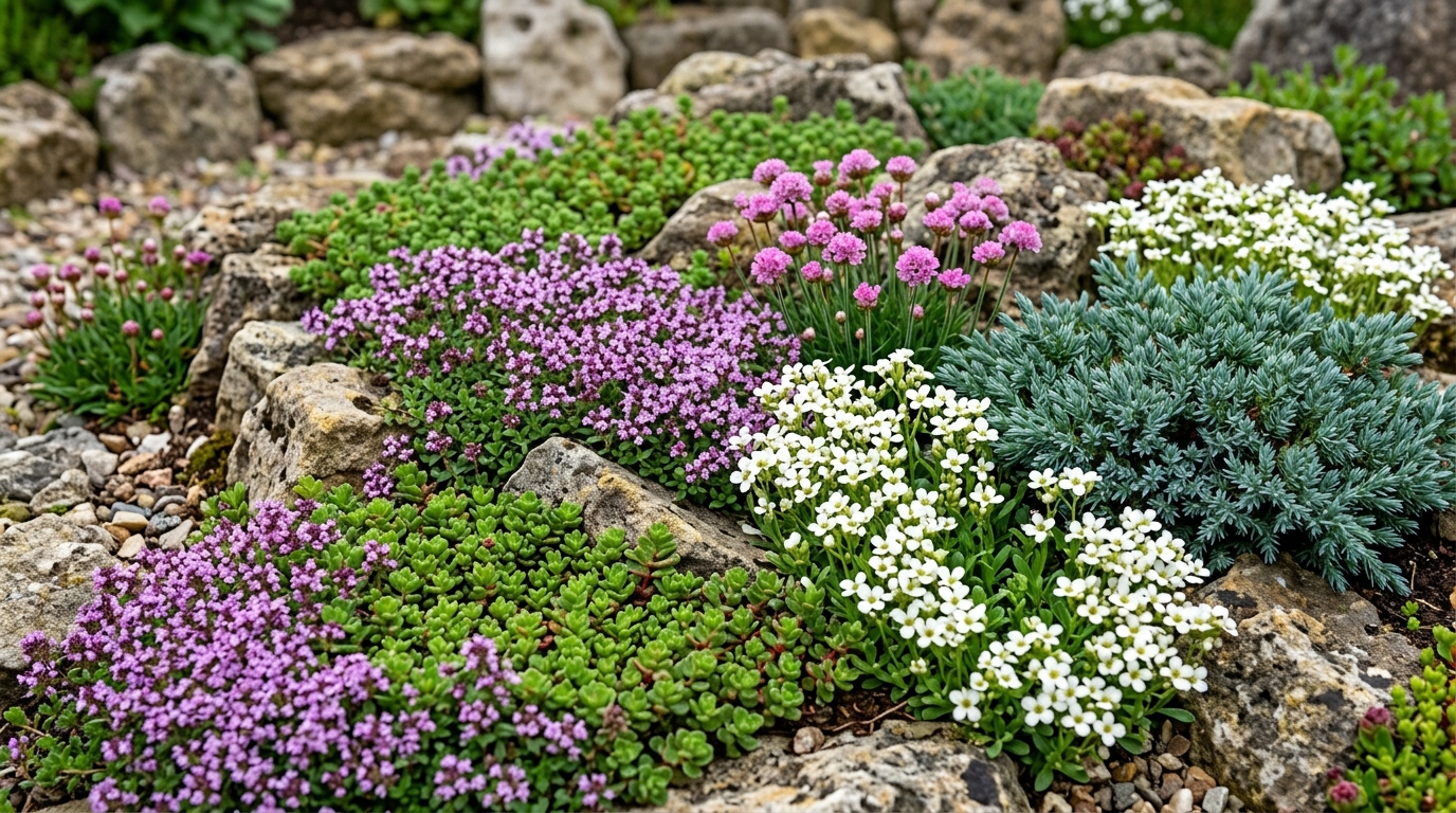 Растения для рокария: тимьян, очиток, арабис, можжевельник среди камней