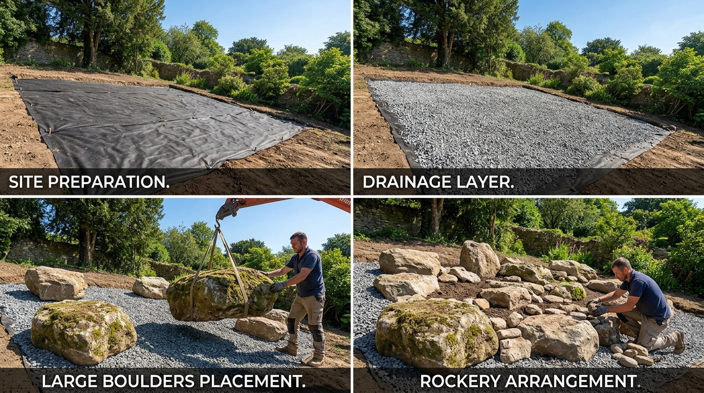 Этапы создания рокария: подготовка основания, дренаж, укладка камней