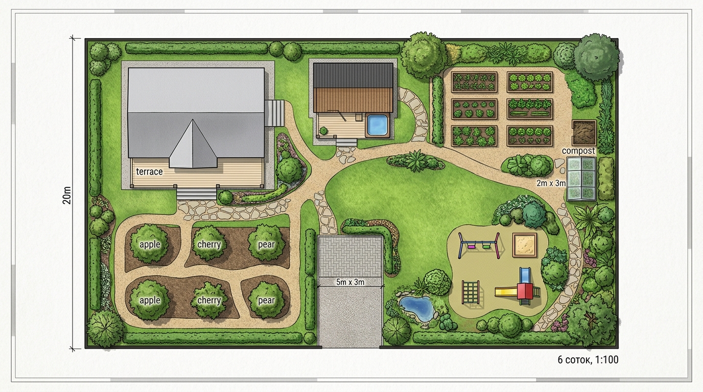 Схема планировки участка 6 соток с домом и баней
