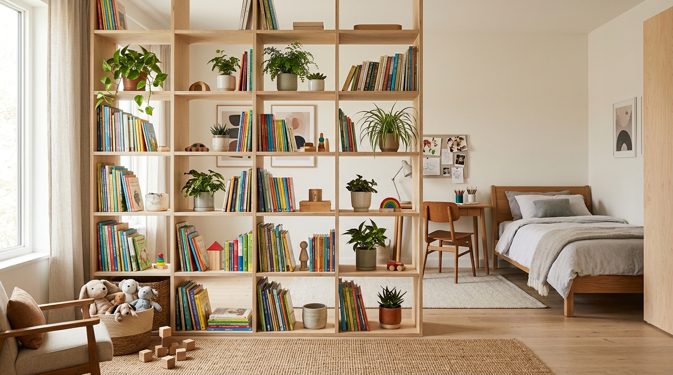 Зонирование детской комнаты стеллажом-перегородкой