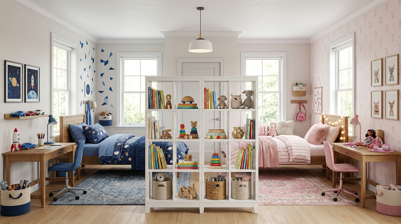 Детская комната для двоих разнополых детей с зонированием