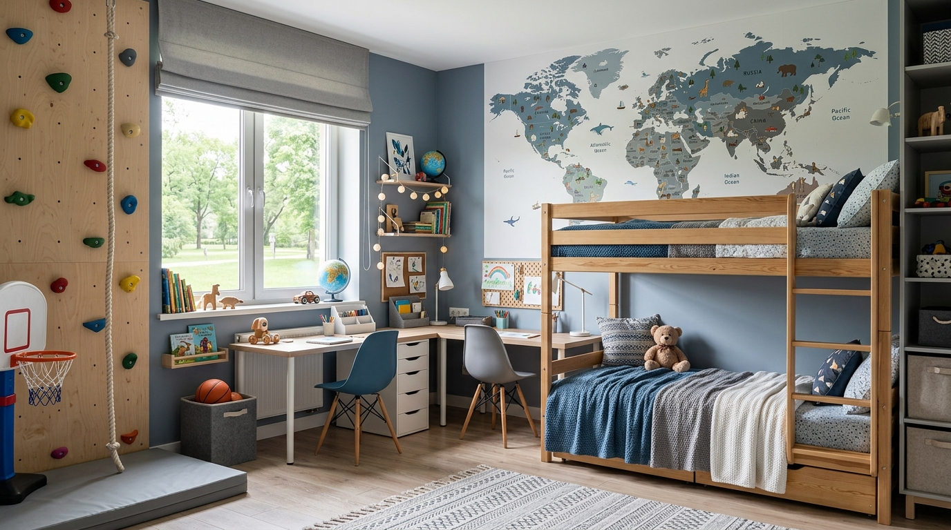 Стильная детская для двоих мальчиков с двухъярусной кроватью