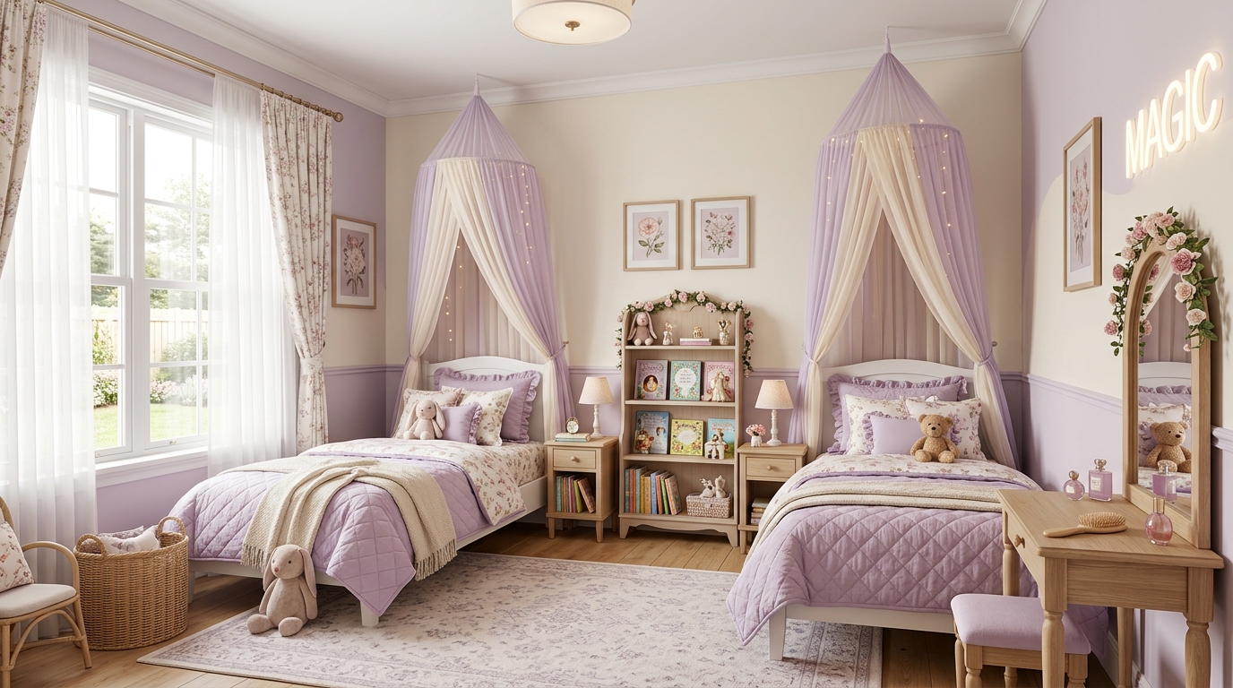 Нежная детская комната для двоих девочек в пастельных тонах