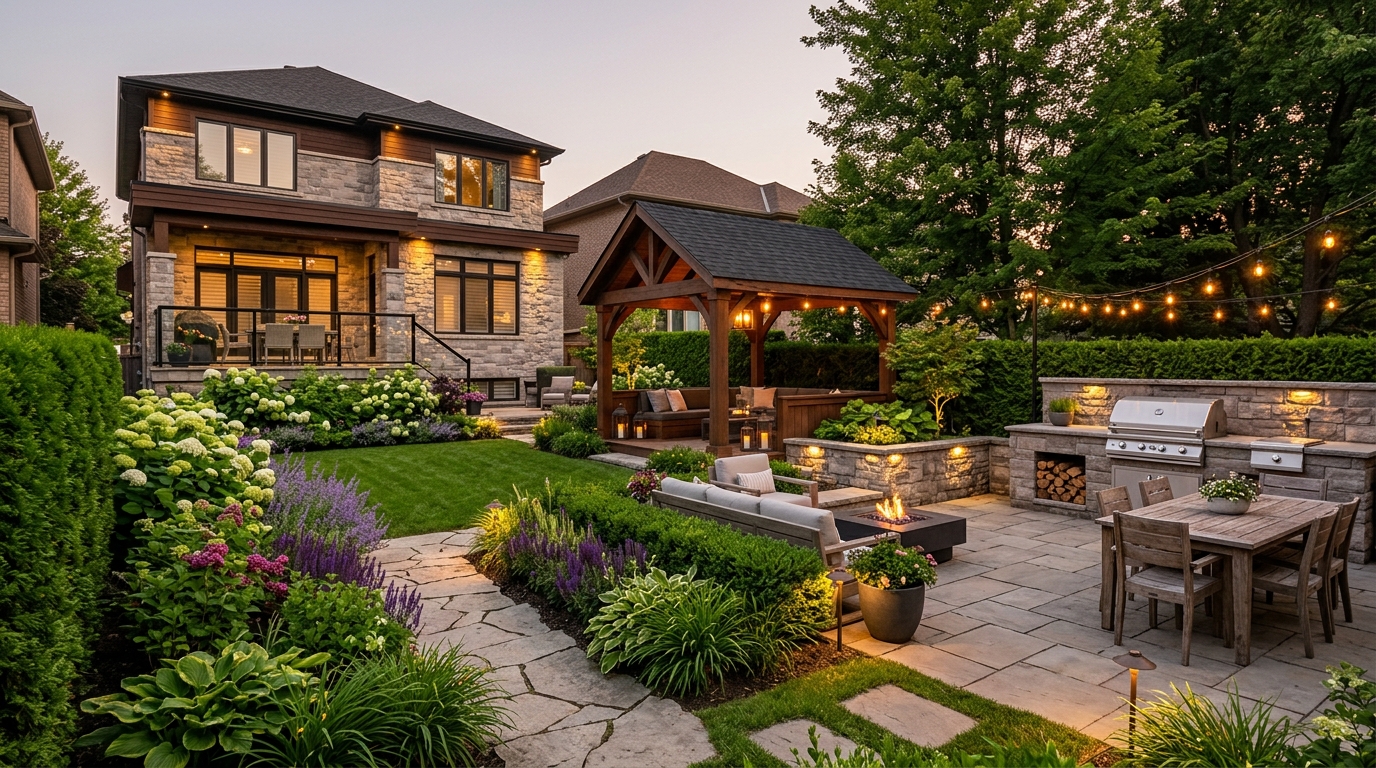 Зона отдыха на участке — беседка, мангал, клумбы