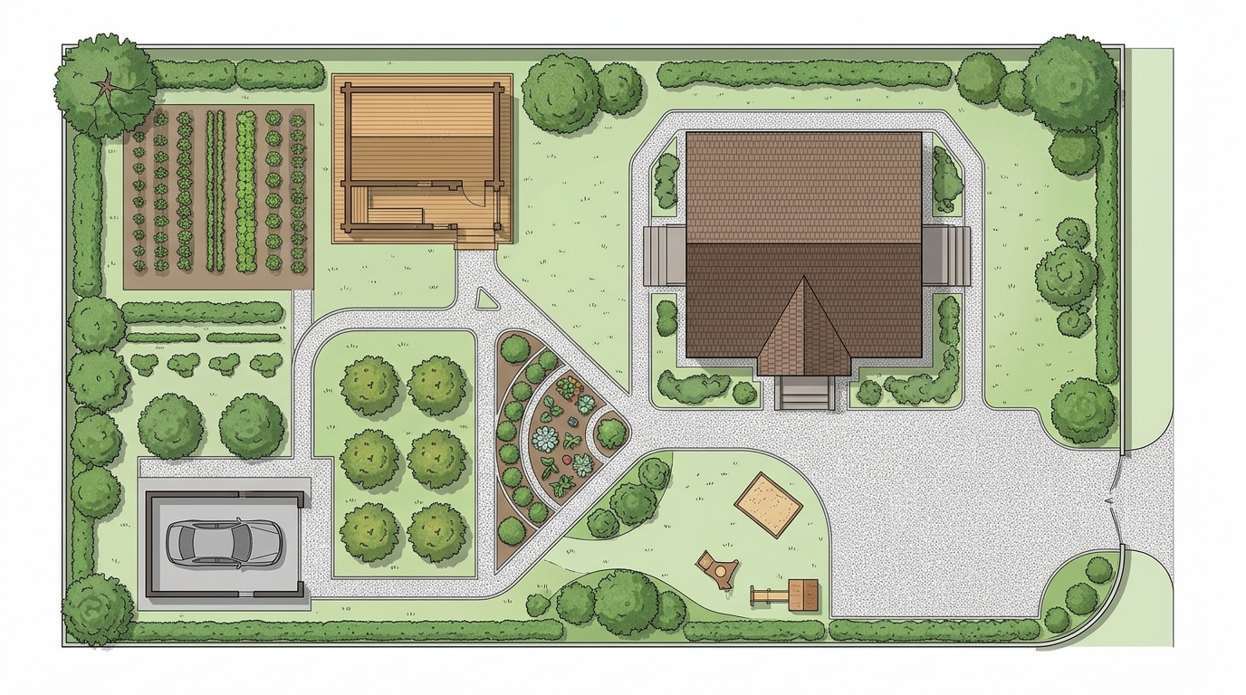 Схема планировки участка 10 соток с домом и баней