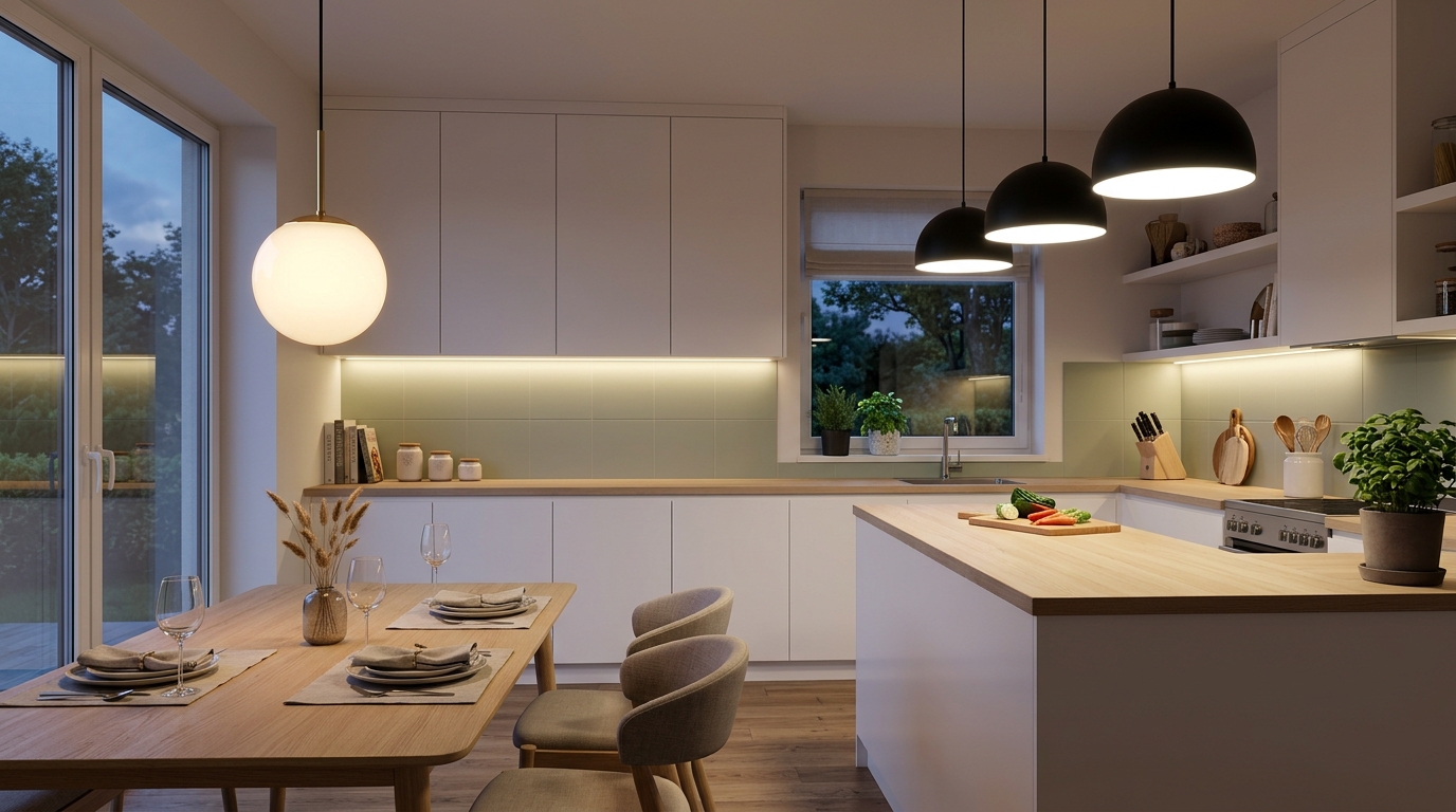 Кухня с многоуровневым освещением: рабочая подсветка, подвес над столом, фоновый свет