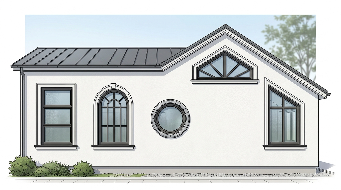 Разные формы оконных проёмов: прямоугольные, арочные, круглые, трапециевидные