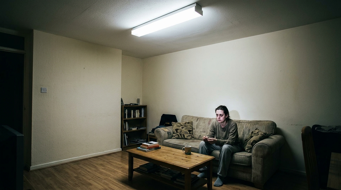 Комната с одним центральным светильником и резкими тенями