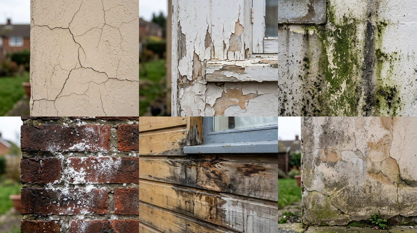 Признаки повреждения фасада — трещины в штукатурке, отслоение краски, плесень на стенах