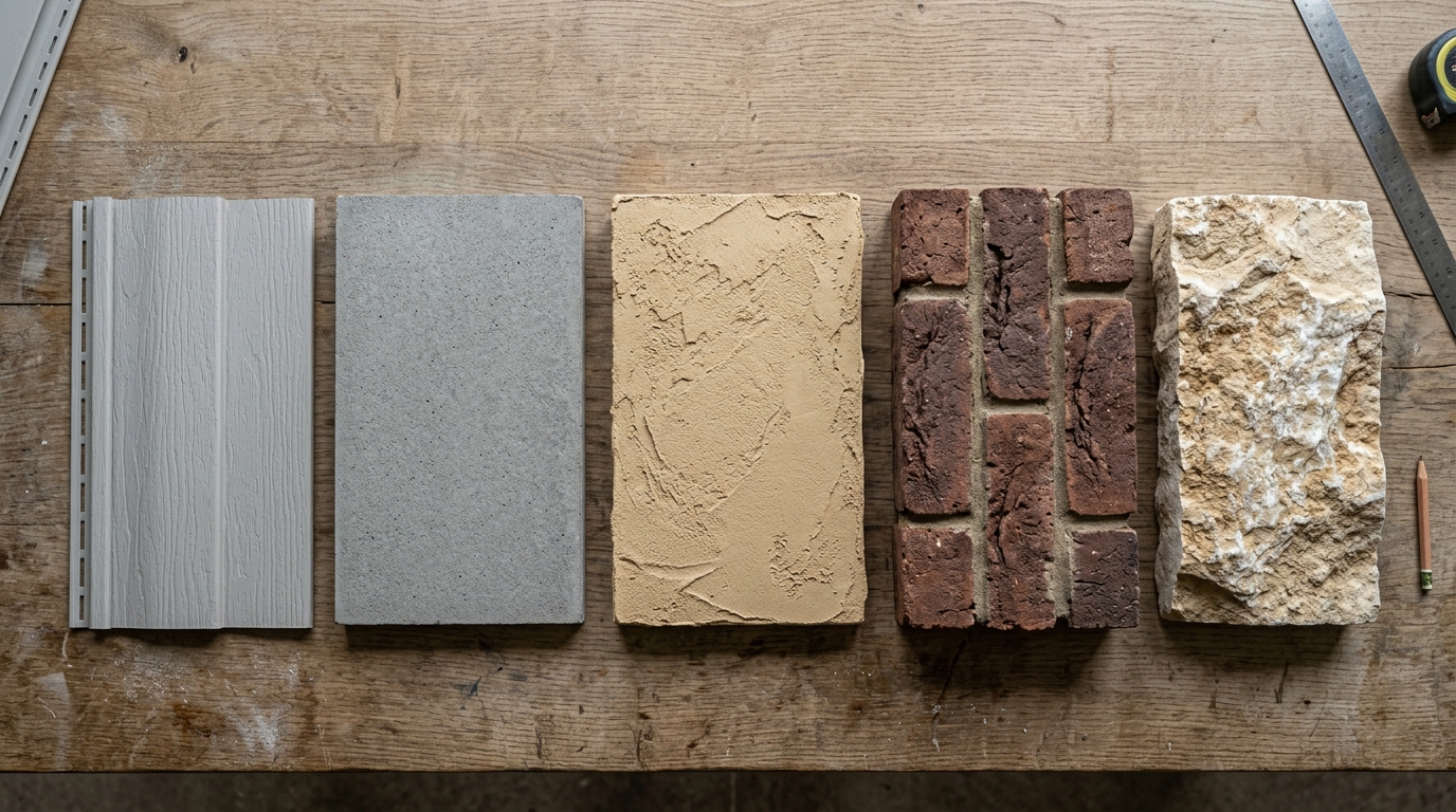 Образцы фасадных отделочных материалов — сайдинг, фиброцемент, штукатурка, кирпич, камень