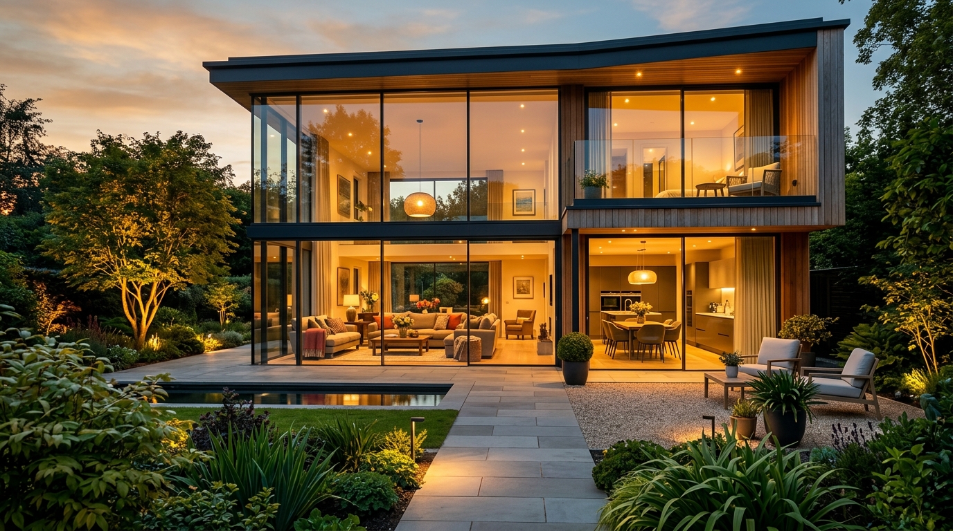 Дом с панорамными окнами в пол — вид с улицы, вечернее освещение