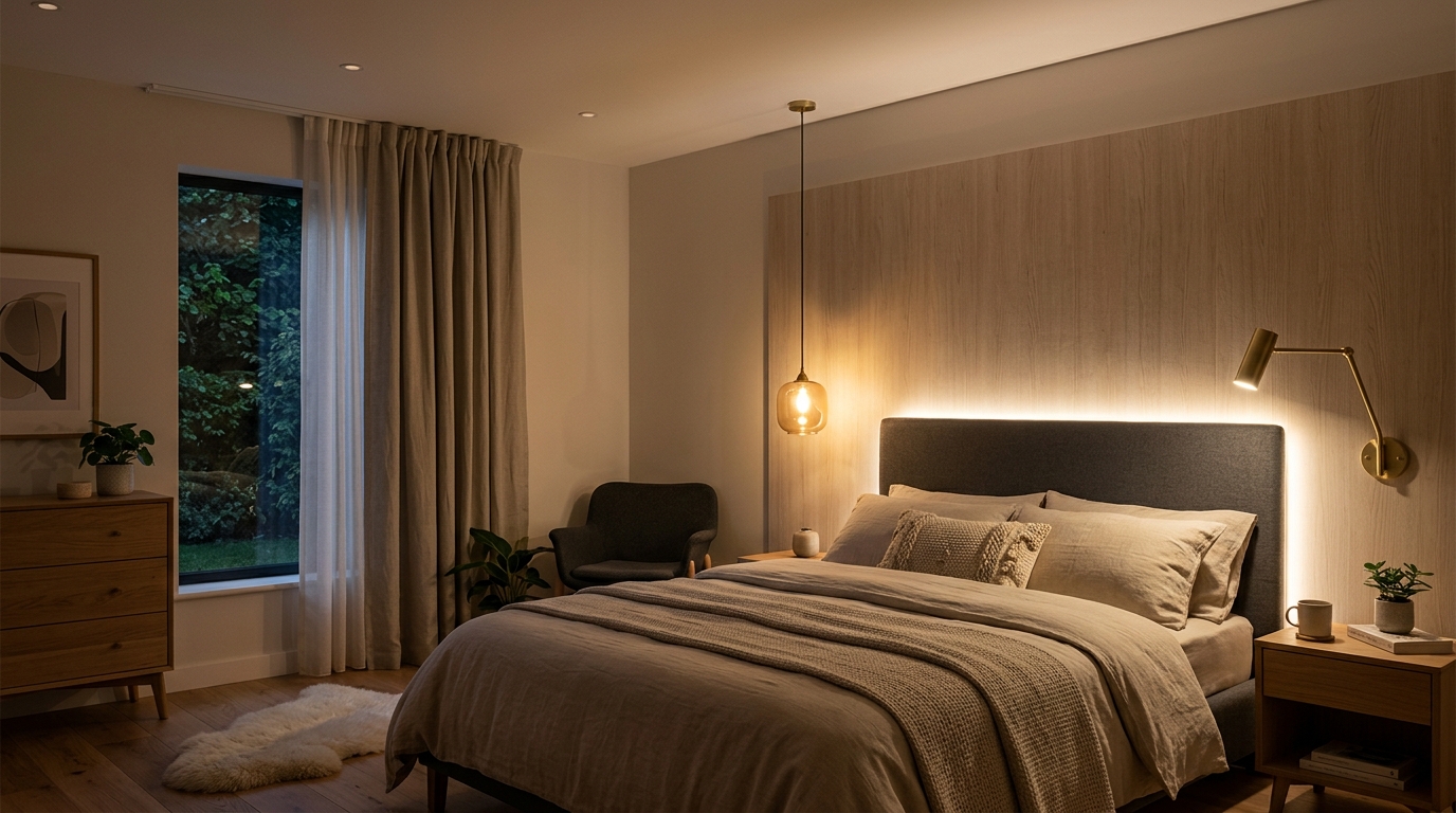 Спальня с многоуровневым освещением: подвесы, LED-лента за изголовьем, бра
