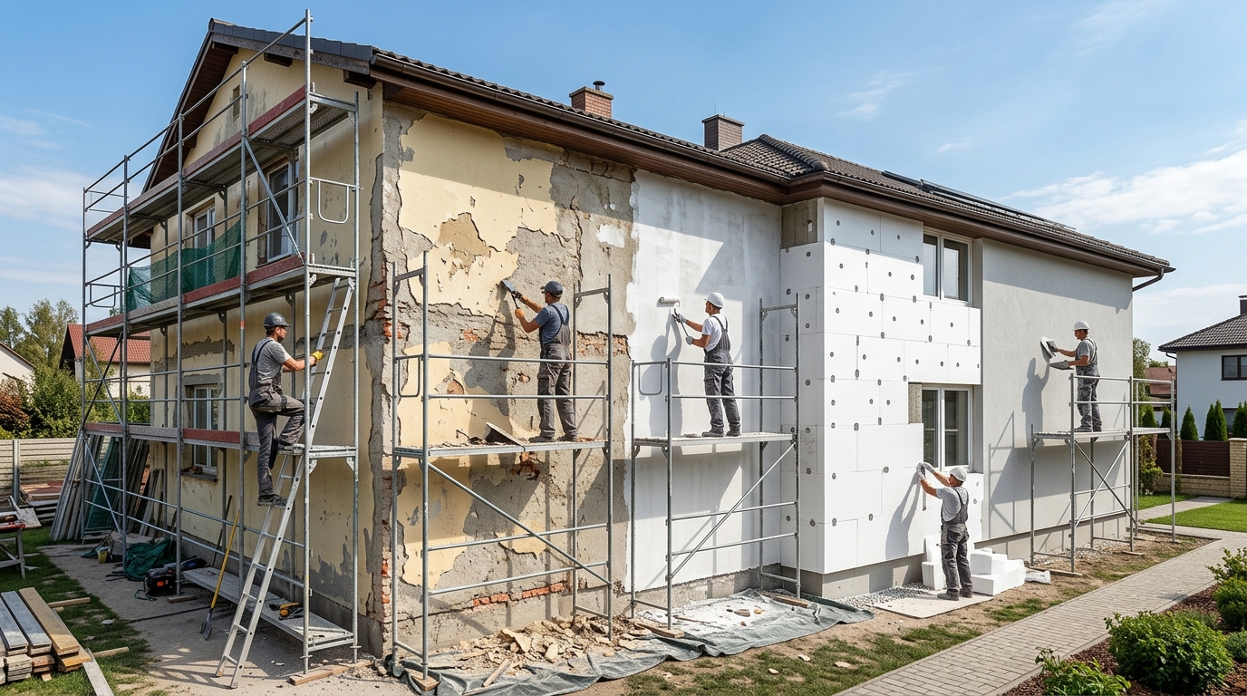 Рабочие на строительных лесах выполняют ремонт фасада частного дома — демонтаж старой штукатурки и монтаж утеплителя