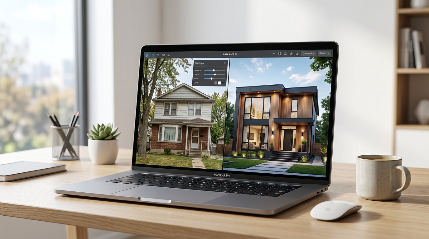 Ноутбук с программой визуализации фасада — исходное фото дома и вариант обновлённого фасада