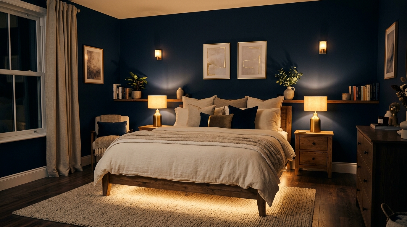 Тёмная спальня с тёмно-синими стенами и тёплым многоуровневым освещением