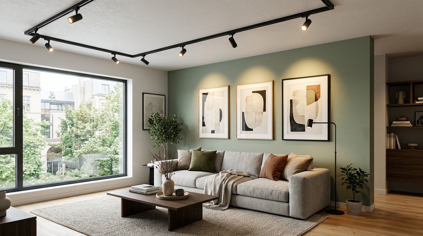 Гостиная с трековой системой освещения на потолке