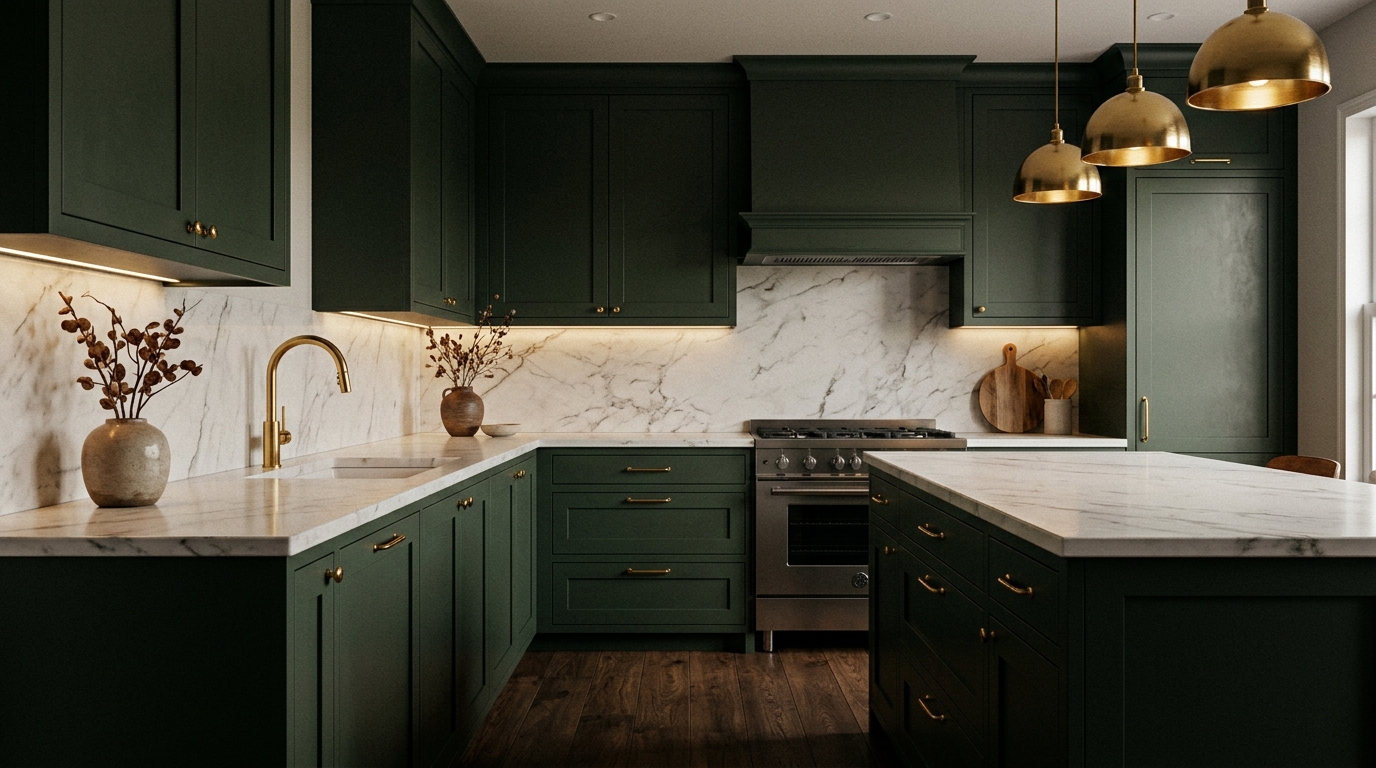 Тёмная кухня с тёмно-зелёными фасадами и белой мраморной столешницей