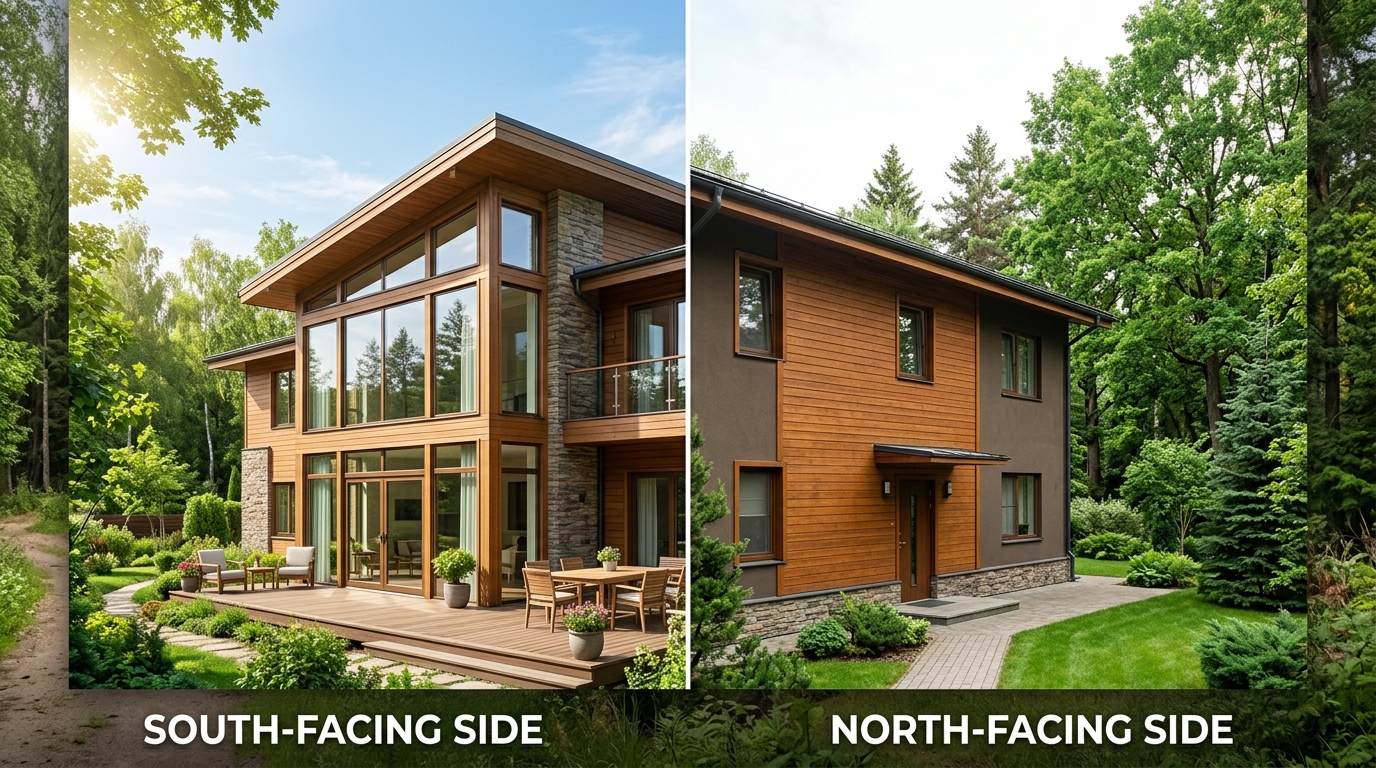 Сравнение фасадов: южная сторона с большими окнами и северная с компактными