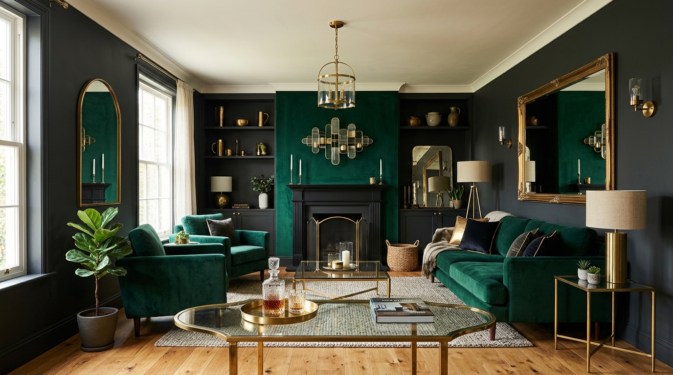 Гостиная с тёмными стенами и контрастными светлыми элементами