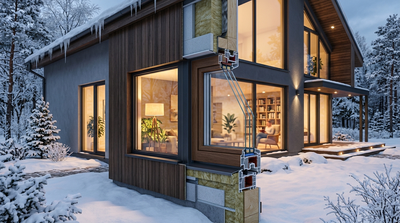 Энергоэффективные окна с тройным стеклопакетом в зимнем пейзаже