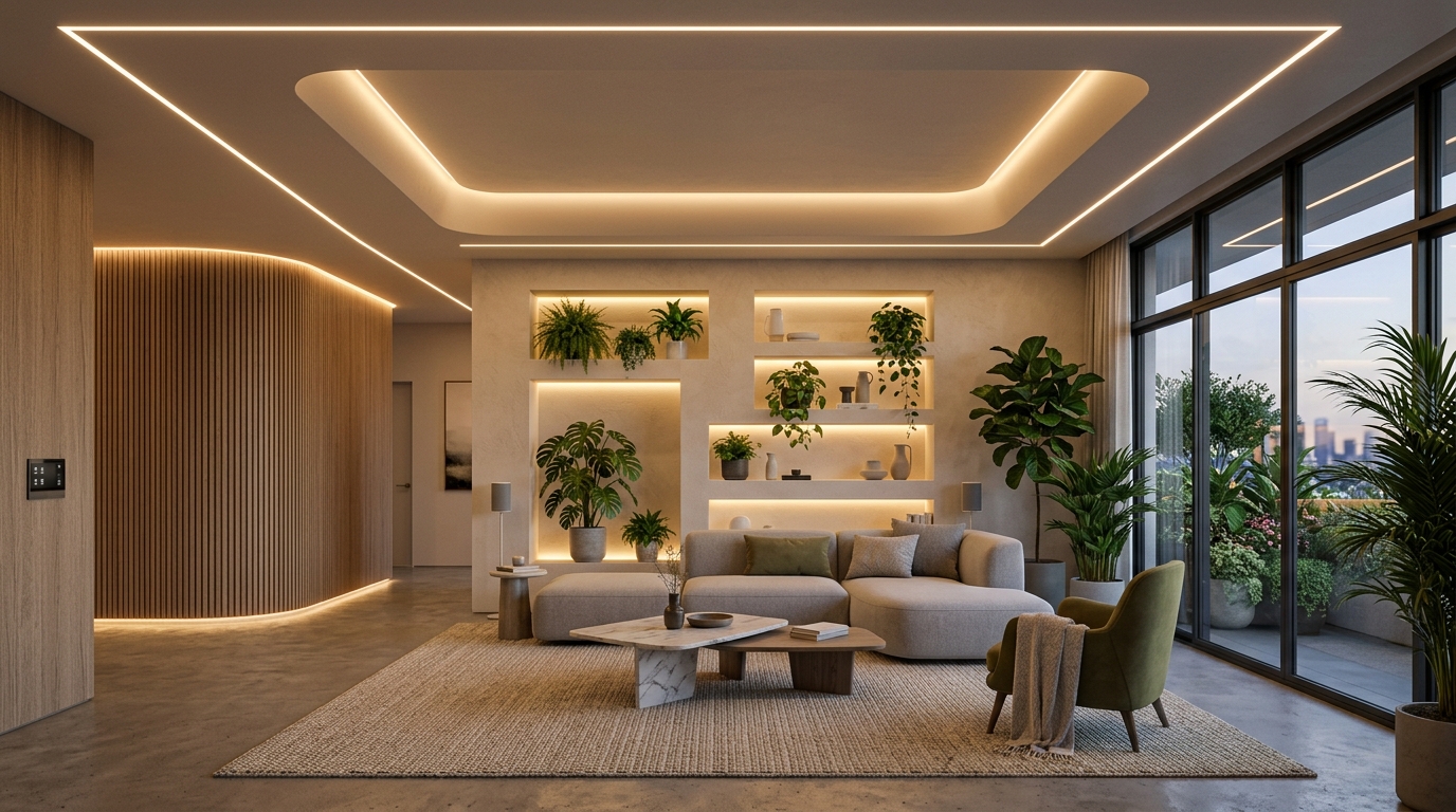 Интерьер с архитектурным скрытым светом, световыми линиями и биофильными элементами