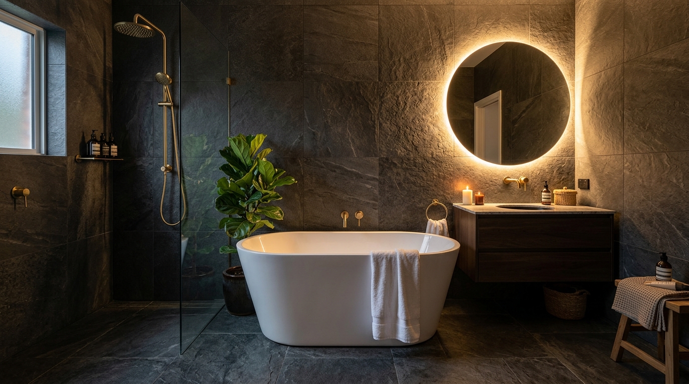 Тёмная ванная комната с серым камнем и белой ванной