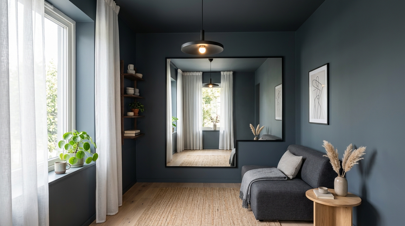Маленькая комната в тёмных тонах с зеркалом и светлым полом