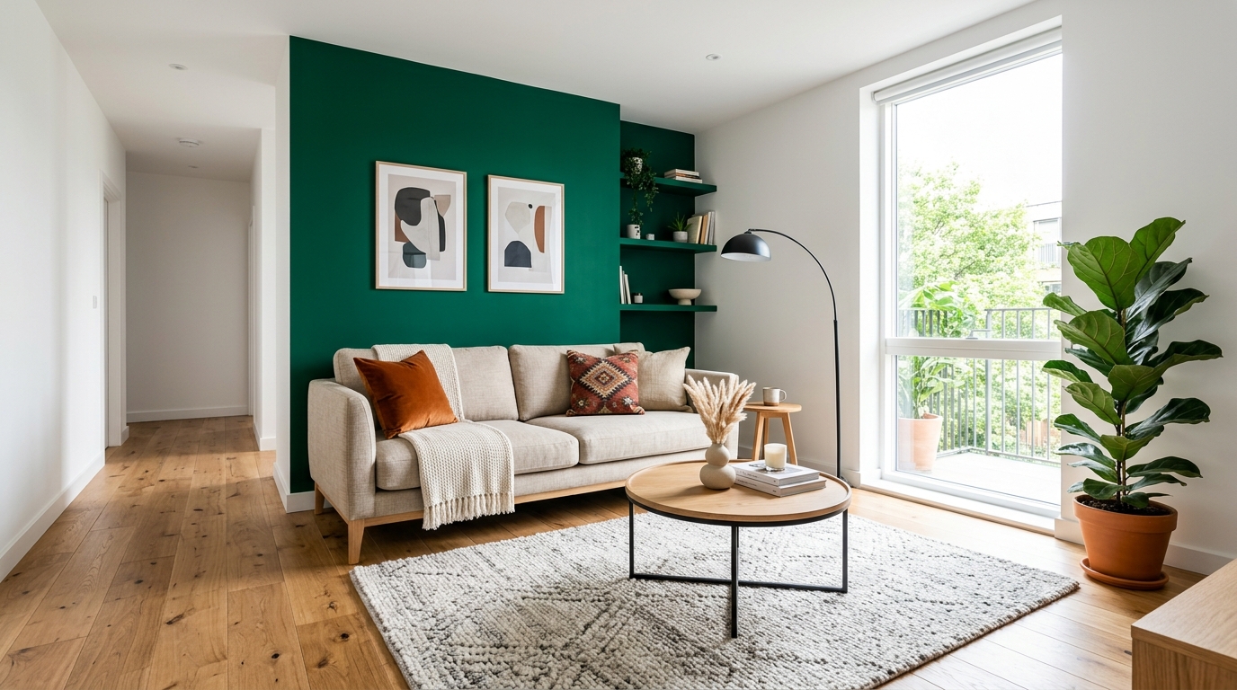 Гостиная с изумрудно-зелёной акцентной стеной, светлый диван, деревянный пол