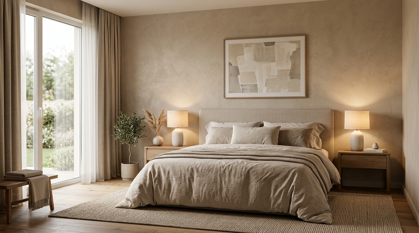 Бежевая спальня в современном стиле с мягким изголовьем