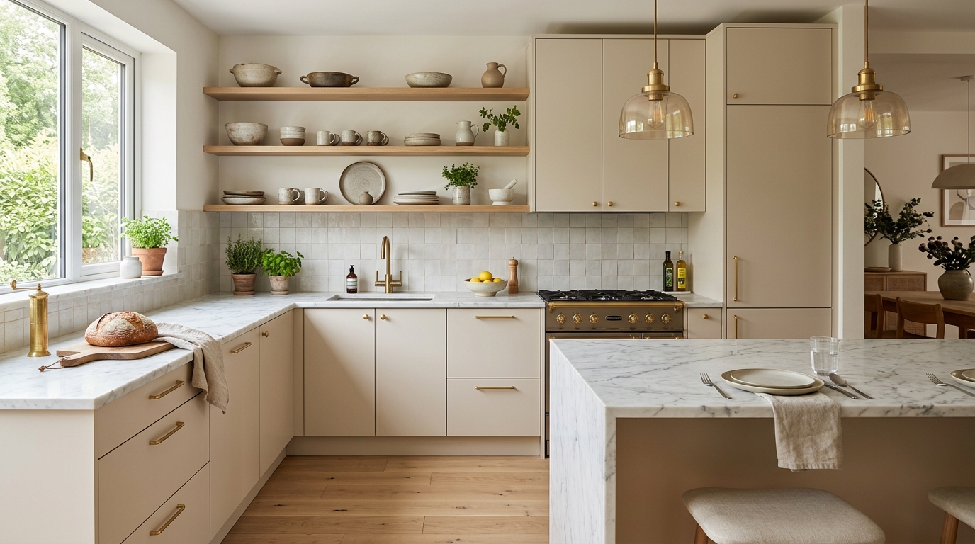 Стильная бежевая кухня с латунной фурнитурой и мраморной столешницей