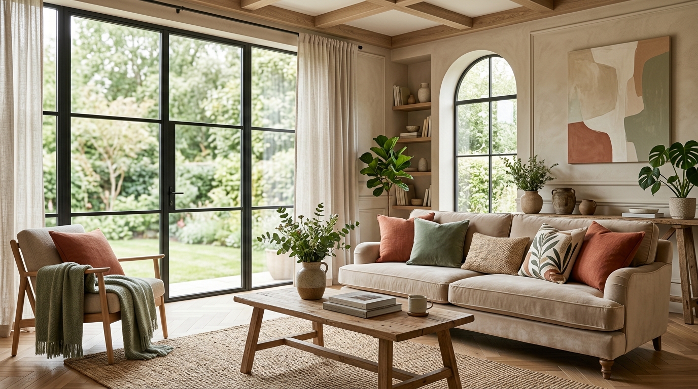 Элегантная бежевая гостиная с акцентным декором