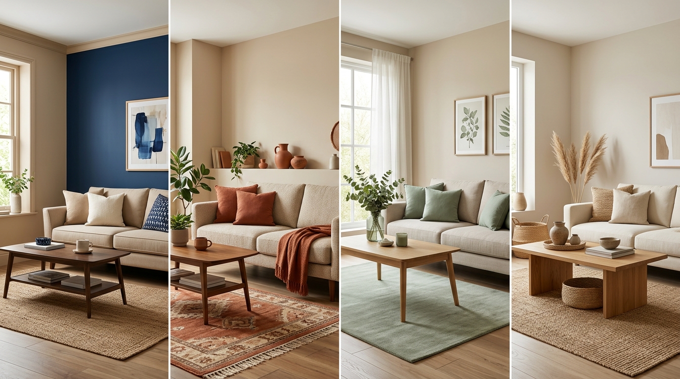 Примеры сочетания бежевого с акцентными цветами в интерьере