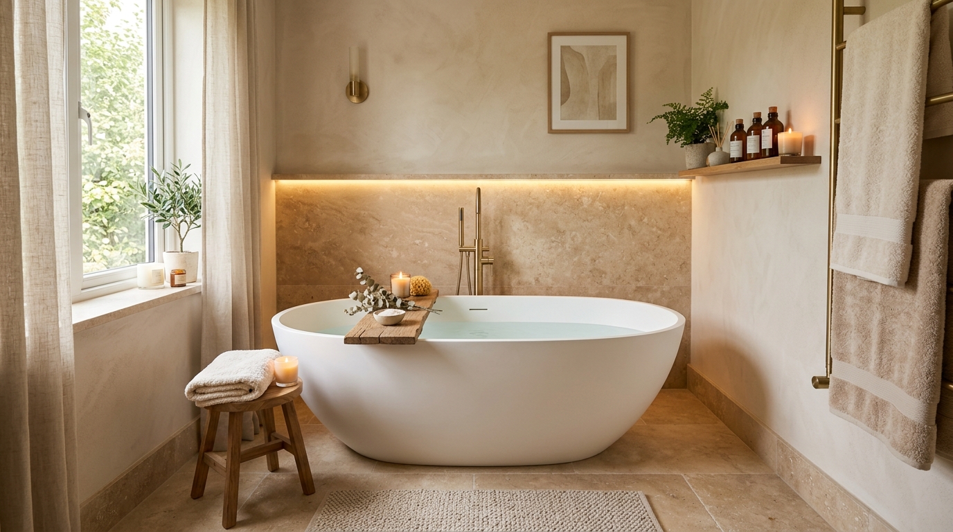 Бежевая ванная комната с отдельностоящей ванной и натуральным камнем