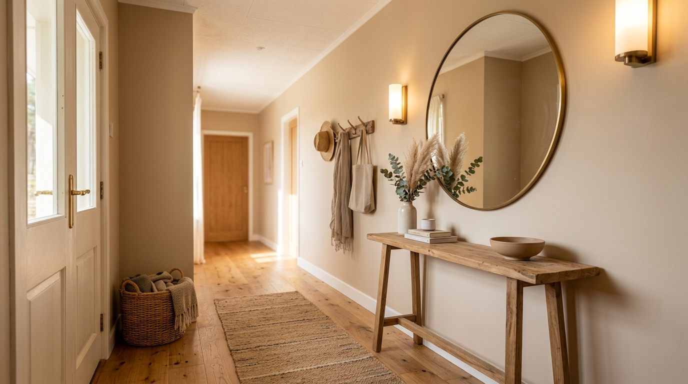 Бежевая прихожая с консольным столиком и зеркалом