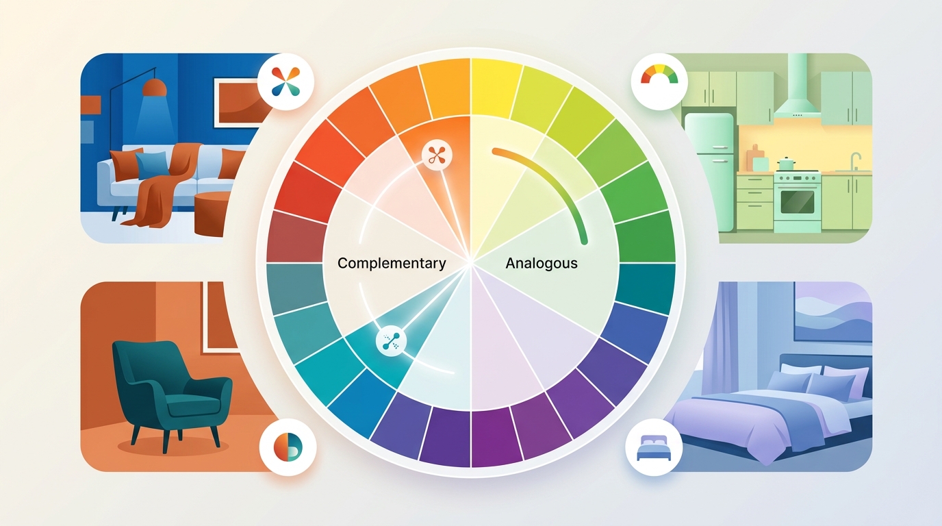 Цветовой круг с примерами комплементарных и аналоговых сочетаний в интерьере