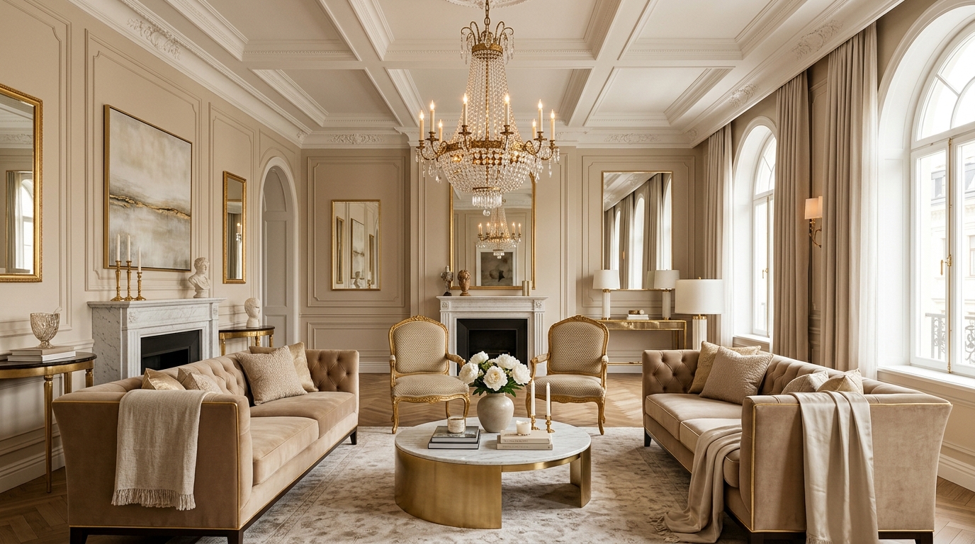 Бежевый интерьер в стиле неоклассика с лепниной и люстрой