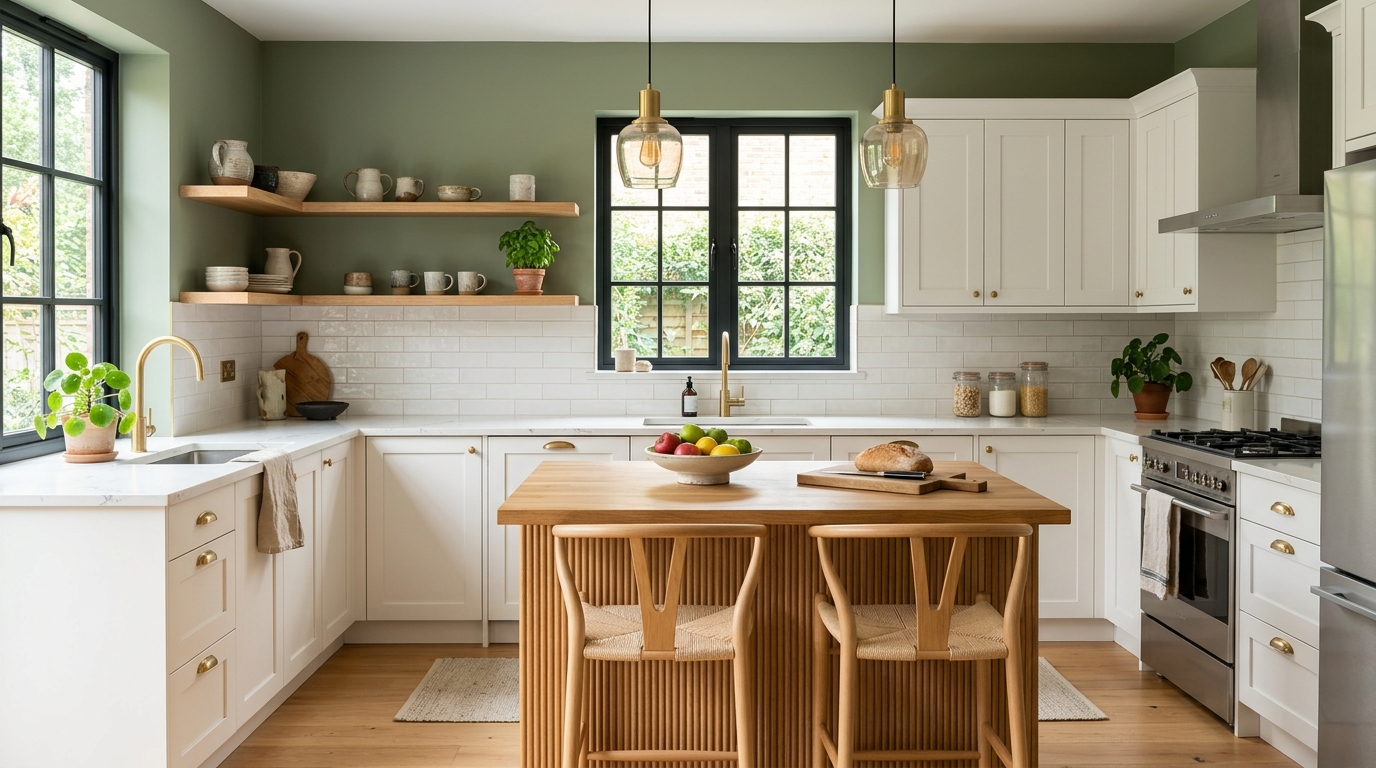 Кухня с оливково-зелёными стенами, белыми шкафами и деревянными акцентами