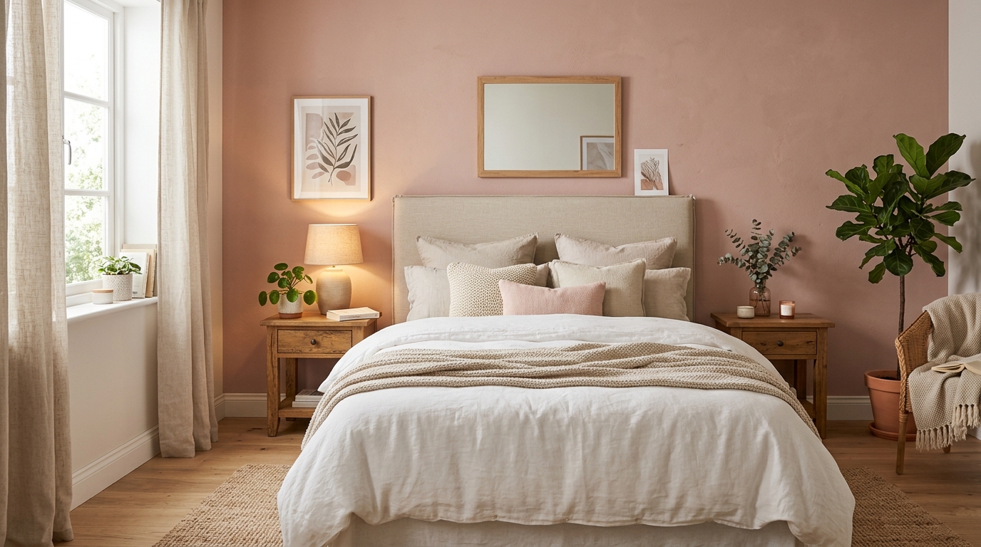 Спальня с пыльно-розовой акцентной стеной, нейтральным текстилем и живыми растениями