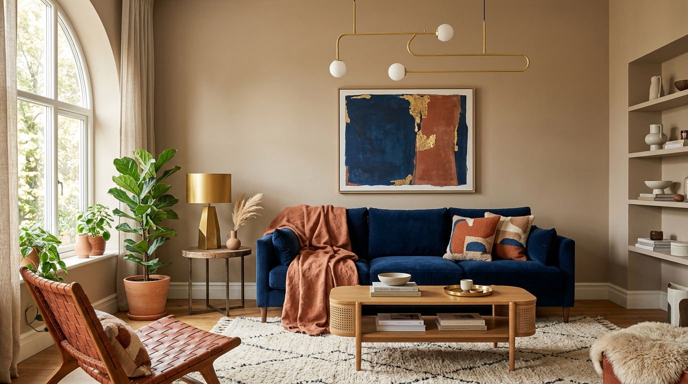 Гостиная в трендовых цветах 2026 года — бежевые стены, синий диван, терракотовые акценты