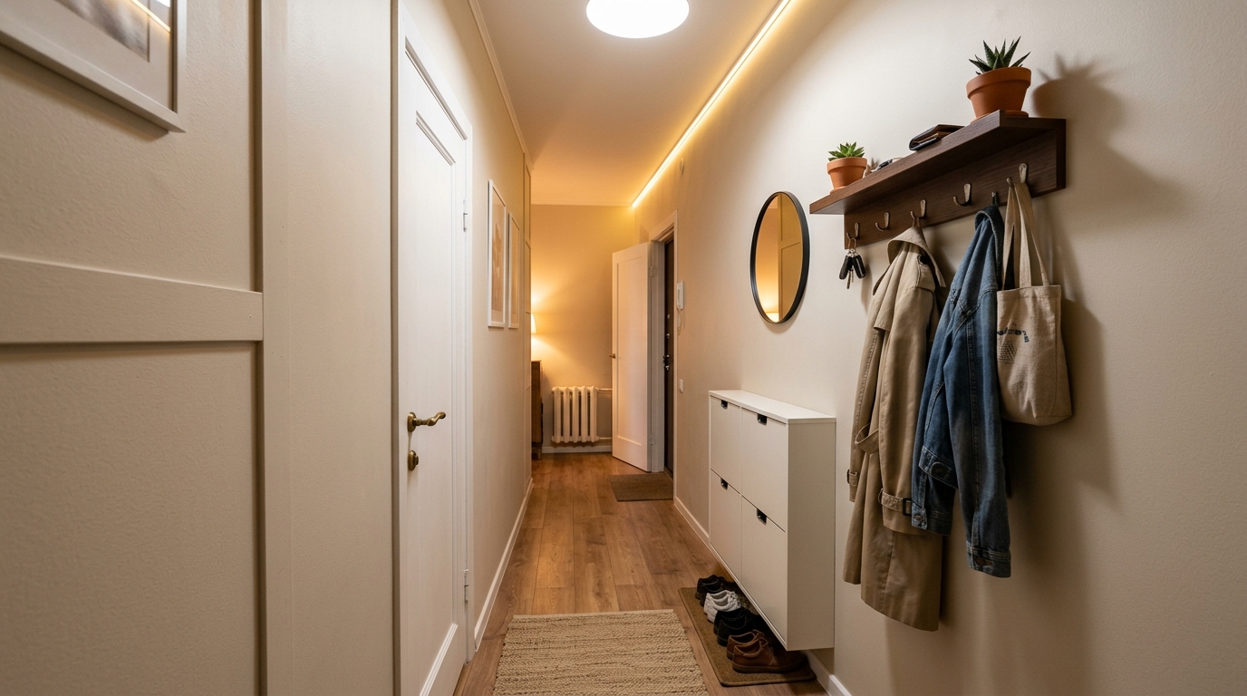 Уютная маленькая прихожая в хрущёвке с компактной мебелью и грамотным освещением